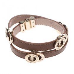 Pre Owned Bvlgari Brown Leather Gold Tone Double Coiled Wrap Bracelet
