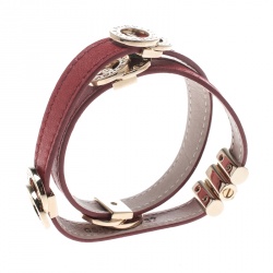 Bvlgari Red Leather Double Coiled Gold Plated Bracelet 