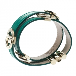 Pre Owned Bvlgari Green Leather Gold Tone Double Wrap Bracelet