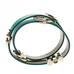 Pre Owned Bvlgari Green Leather Gold Tone Double Wrap Bracelet