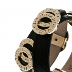 Bvlgari Black Leather Gold Tone Double Wrap Bracelet