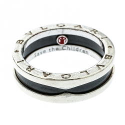 Bvlgari Save the Children 1-Band Black Ceramic Silver Ring Size 58