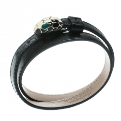 Bvlgari Serpenti Forever Black Enamel Double Coiled Leather Gold Plated Bracelet