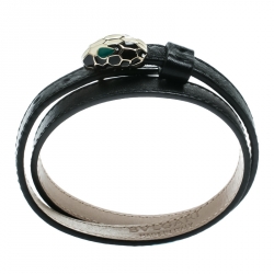 Bvlgari Serpenti Forever Black Enamel Double Coiled Leather Gold Plated Bracelet