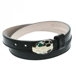 Bvlgari Serpenti Forever Black Enamel Double Coiled Leather Gold Plated Bracelet