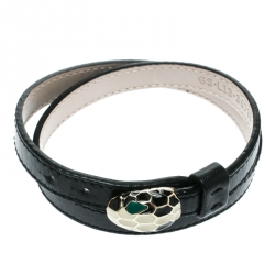 Bvlgari Serpenti Forever Black Enamel Double Coiled Leather Gold Plated Bracelet