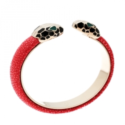 Pre Owned Bvlgari Serpenti Forever Enamel & Pink Galuchat Leather Gold Plated Open Cuff Bracelet 17cm