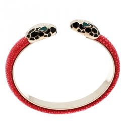 Pre Owned Bvlgari Serpenti Forever Enamel & Pink Galuchat Leather Gold Plated Open Cuff Bracelet 17cm