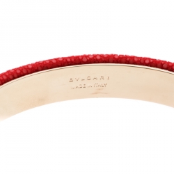 Pre Owned Bvlgari Serpenti Forever Enamel & Pink Galuchat Leather Gold Plated Open Cuff Bracelet 17cm