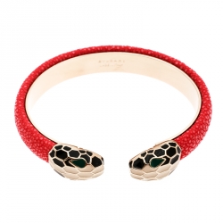 Pre Owned Bvlgari Serpenti Forever Enamel & Pink Galuchat Leather Gold Plated Open Cuff Bracelet 17cm