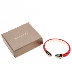 Pre Owned Bvlgari Serpenti Forever Enamel & Pink Galuchat Leather Gold Plated Open Cuff Bracelet 17cm