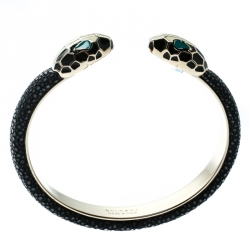 Bvlgari Serpenti Forever Enamel & Black Galuchat Leather Gold Plated Open Cuff Bracelet 