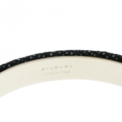 Bvlgari Serpenti Forever Enamel & Black Galuchat Leather Gold Plated Open Cuff Bracelet 