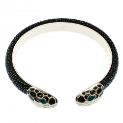 Bvlgari Serpenti Forever Enamel & Black Galuchat Leather Gold Plated Open Cuff Bracelet 