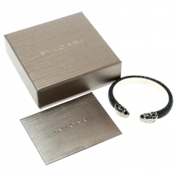 Bvlgari Serpenti Forever Enamel & Black Galuchat Leather Gold Plated Open Cuff Bracelet 