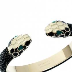 Bvlgari Serpenti Forever Enamel & Black Galuchat Leather Gold Plated Open Cuff Bracelet 