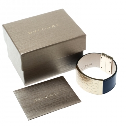 Bvlgari Serpenti Forever Scaglie Blue Leather Gold Tone Wide Cuff Bracelet 