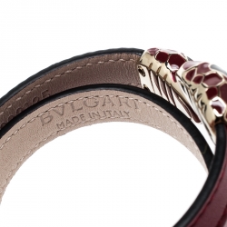 Pre Owned Bvlgari Serpenti Forever Enamel Deep Red Double Coiled Leather Gold Plated Bracelet 15 cm