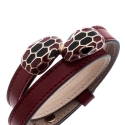 Pre Owned Bvlgari Serpenti Forever Enamel Deep Red Double Coiled Leather Gold Plated Bracelet 15 cm