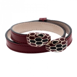 Pre Owned Bvlgari Serpenti Forever Enamel Deep Red Double Coiled Leather Gold Plated Bracelet 15 cm