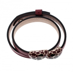 Pre Owned Bvlgari Serpenti Forever Enamel Deep Red Double Coiled Leather Gold Plated Bracelet 15 cm