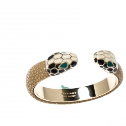 Pre Owned Bvlgari Serpenti Forever Enamel & Galuchat Leather Gold Plated Open Cuff Bracelet 15cm