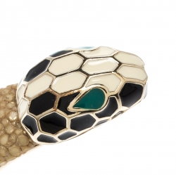 Pre Owned Bvlgari Serpenti Forever Enamel & Galuchat Leather Gold Plated Open Cuff Bracelet 15cm