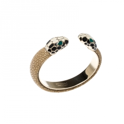 Pre Owned Bvlgari Serpenti Forever Enamel & Galuchat Leather Gold Plated Open Cuff Bracelet 15cm