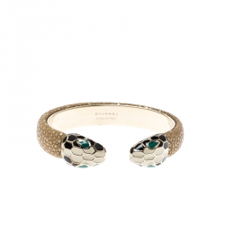 Pre Owned Bvlgari Serpenti Forever Enamel & Galuchat Leather Gold Plated Open Cuff Bracelet 15cm