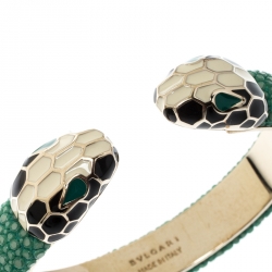 Pre Owned Bvlgari Serpenti Enamel Green Galuchat Skin Gold Plated Leather Open Cuff Bracelet