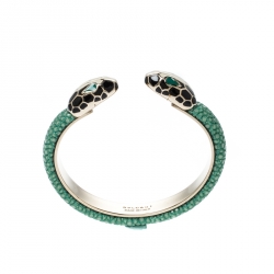 Pre Owned Bvlgari Serpenti Enamel Green Galuchat Skin Gold Plated Leather Open Cuff Bracelet
