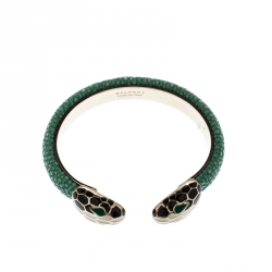 Pre Owned Bvlgari Serpenti Enamel Green Galuchat Skin Gold Plated Leather Open Cuff Bracelet
