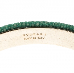 Pre Owned Bvlgari Serpenti Enamel Green Galuchat Skin Gold Plated Leather Open Cuff Bracelet