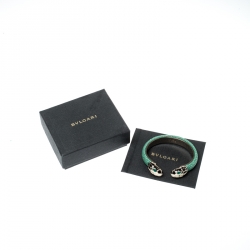 Pre Owned Bvlgari Serpenti Enamel Green Galuchat Skin Gold Plated Leather Open Cuff Bracelet