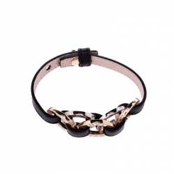 Bvlgari Two Tone Interlocking Circles Black Leather Bracelet
