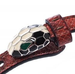 Pre Owned Bvlgari Serpenti Forever Red Exotic Leather Enamel Gold Plated Bracelet