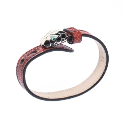 Pre Owned Bvlgari Serpenti Forever Red Exotic Leather Enamel Gold Plated Bracelet