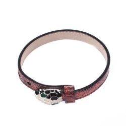 Pre Owned Bvlgari Serpenti Forever Red Exotic Leather Enamel Gold Plated Bracelet