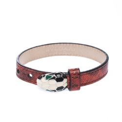 Pre Owned Bvlgari Serpenti Forever Red Exotic Leather Enamel Gold Plated Bracelet