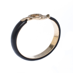 Pre Owned Bvlgari Bvlgari Black Leather Gold Tone Bangle Bracelet 17cm