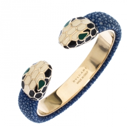 Bvlgari Serpenti Forever Enamel Blue Galuchat Leather Gold Plated Open Cuff Bracelet 