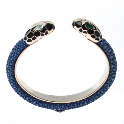 Bvlgari Serpenti Forever Enamel Blue Galuchat Leather Gold Plated Open Cuff Bracelet 