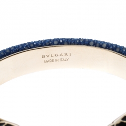 Bvlgari Serpenti Forever Enamel Blue Galuchat Leather Gold Plated Open Cuff Bracelet 