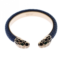 Bvlgari Serpenti Forever Enamel Blue Galuchat Leather Gold Plated Open Cuff Bracelet 