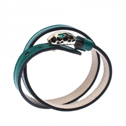 Bvlgari Serpenti Forever Green Enamel Double Coiled Leather Gold Plated Bracelet