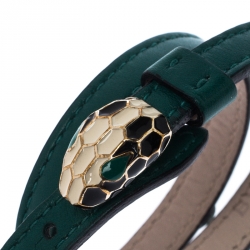 Bvlgari Serpenti Forever Green Enamel Double Coiled Leather Gold Plated Bracelet