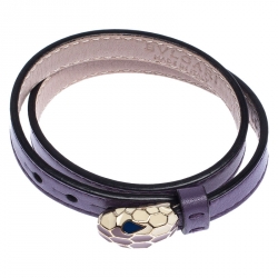 Pre Owned Bvlgari Serpenti Forever Enamel Purple Double Coiled Leather Gold Plated Bracelet