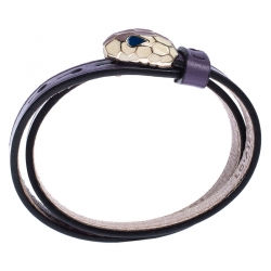 Pre Owned Bvlgari Serpenti Forever Enamel Purple Double Coiled Leather Gold Plated Bracelet