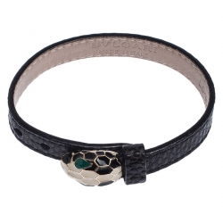 Pre Owned Bvlgari Serpenti Black Enamel Gold Plated Leather Bracelet