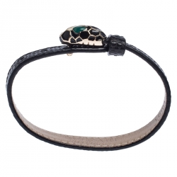 Pre Owned Bvlgari Serpenti Black Enamel Gold Plated Leather Bracelet